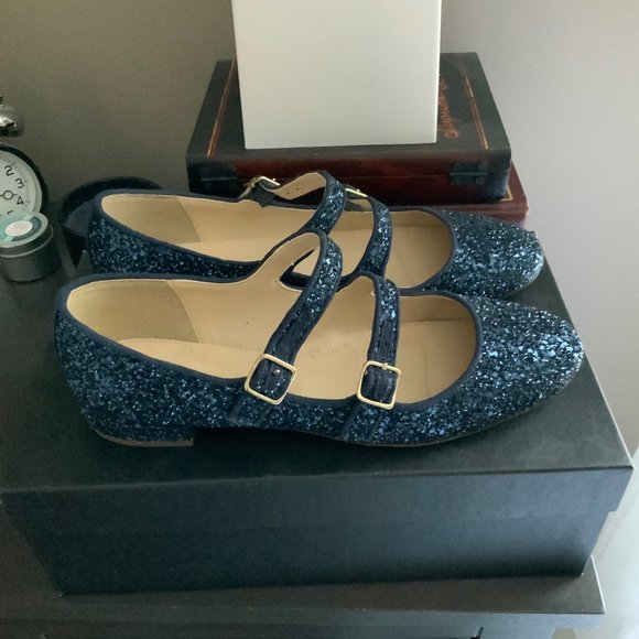 J. Crew Multi-strap Mary Jane Flat Glitter in Navy Blue, size 7.5